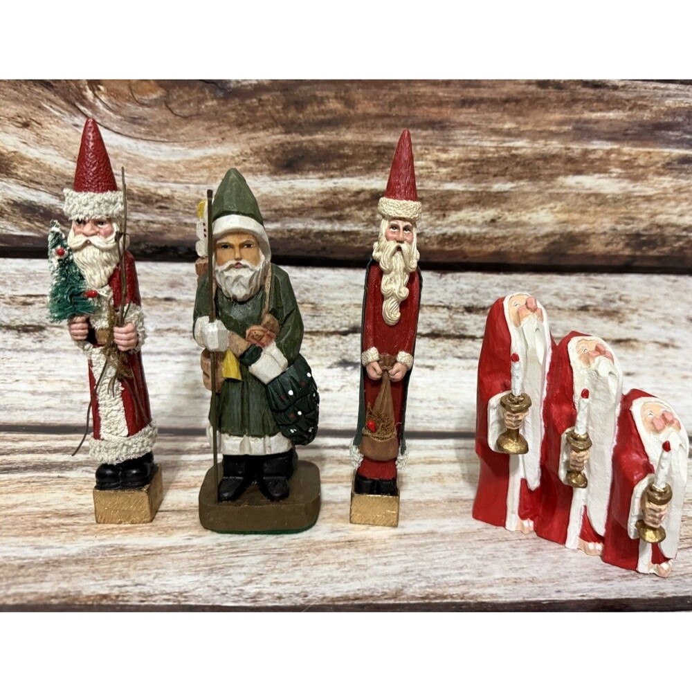 Lot of Tall Skinny Thin Santa Claus Christmas Figures And Triple Candle Santa